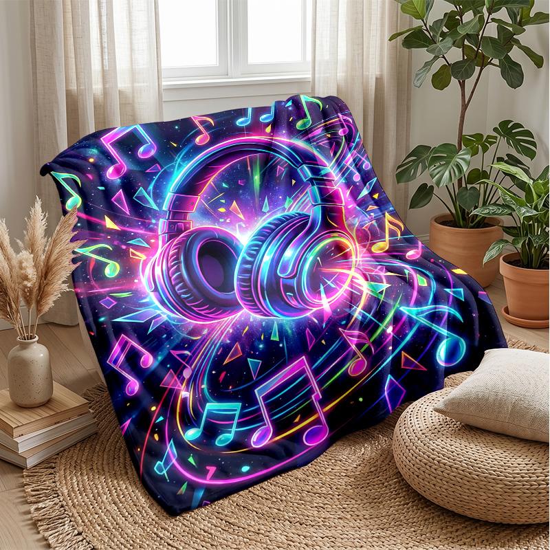 Neon Music Headphones Theme Blanket Lightweight Warm Flannel Blanket Decorative Throw Blanket for Home Decoration