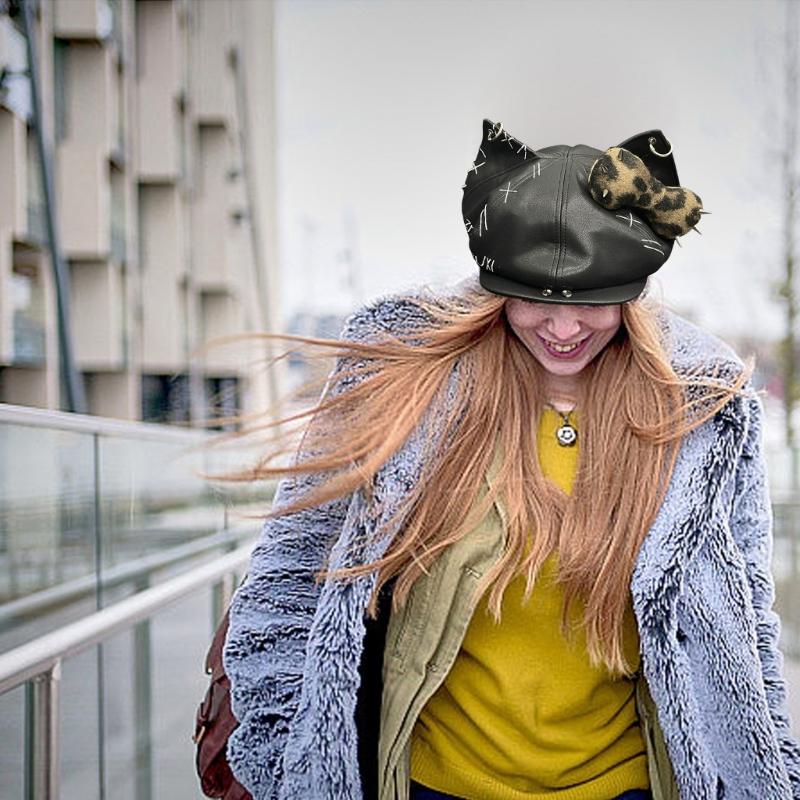 2000er Hundeohren Baseballkappe für Damen Herren Dystopische PU-Lederkappe Subkulturen Streetwear HipHop-Kappe Tägliche Party Kopfbedeckung