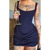 Women's Square Neck Sleeveless Mini Dress Slim Fit Side Ruched Solid Polyester Spaghetti Strap Club Bodycon Dress