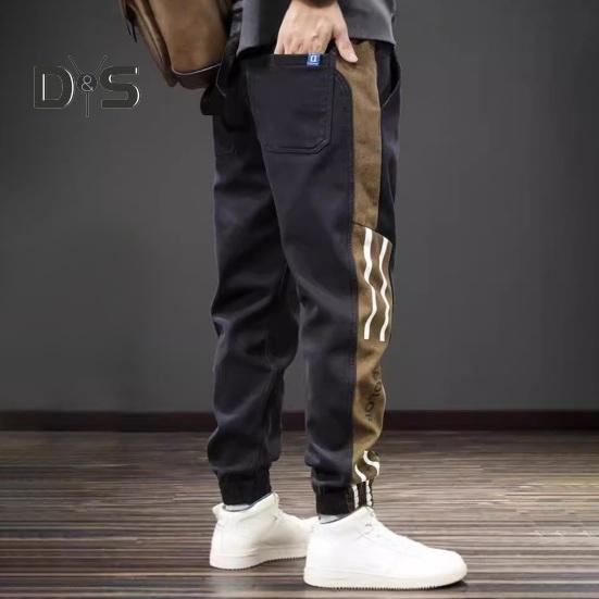 Spring Fall Men Cargo Pants Loose Drawstring Elastic Waist Pockets Ankle-banded Contrast Color Patchwork Sport Trousers Daily Wear Harem Pants
