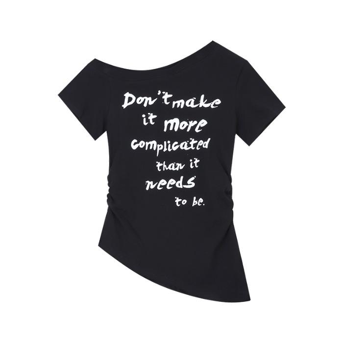 

No price reduction #Popular waist slanted shoulder open shoulder skin-friendly short-sleeved t-shirt slim and thin Spice Girl top women XL чорний