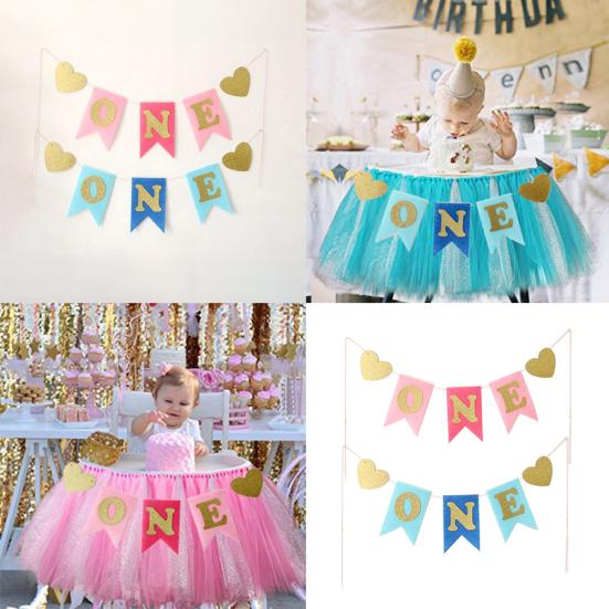 Baner na Pierwsze Urodziny Dziecka Chłopca Dziewczynki Brokatowy ONE Serce Girlanda Dekoracja na Krzesełko