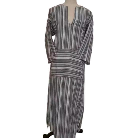 Damen Sommer Boho Gestreiftes Baumwoll-Leinenkleid Lässig Kurzarm Strand Maxikleid mit Vordertasche