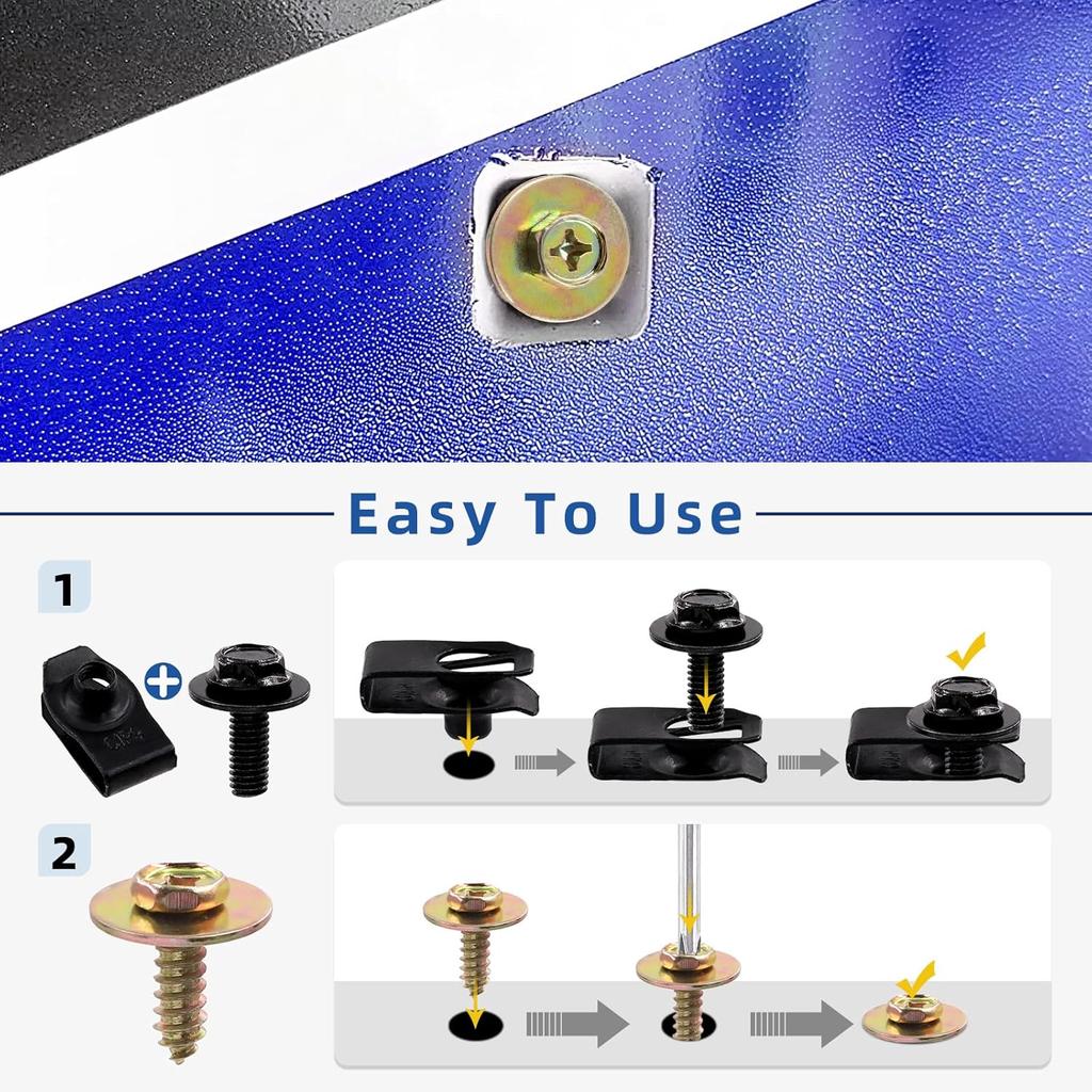 Glarks 64Pcs U-Clips And Body Bolts Screws Assortment Kit 8 Sizes Auto Car Clips Fasteners With Screws Auto Car U Nuts With Self Tapping Screw Body