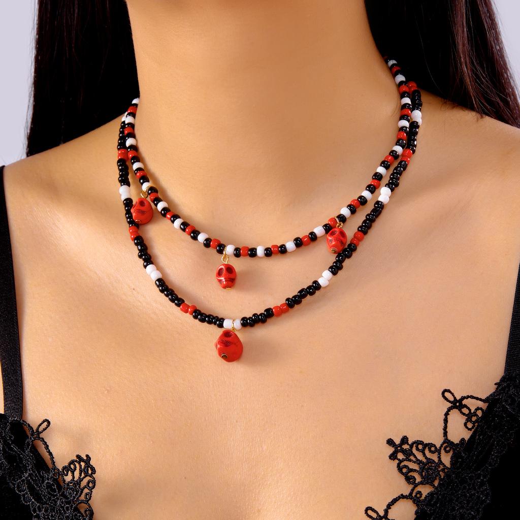 Halloween Mixed Color Rice Beads Necklace for Women Ghost Pumpkin Skull Black Bat Pendant Beaded Clavicle Choker Party Jewelry