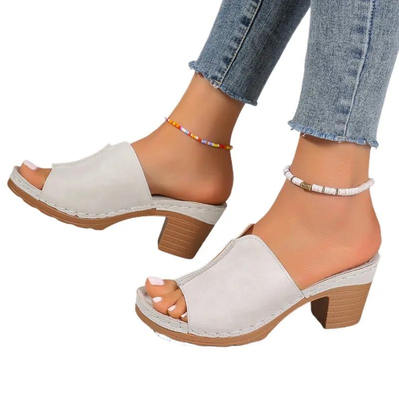 Fashion Shoes for Women 2024 High Quality Outdoor Women' Slippers Summer Solid Open Toe Chunky Heels Water Proof Concise Mature Slippers