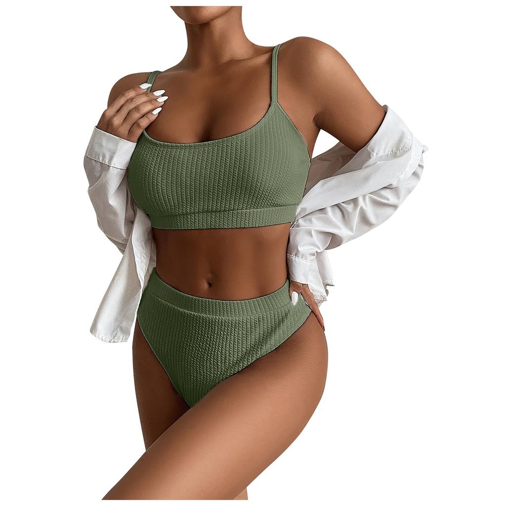 Two Piece Bikini Swimsuit for Women Textured Fabric High Waist Bottom and Adjustable Strap Top Swimwear Set for Beach Pool