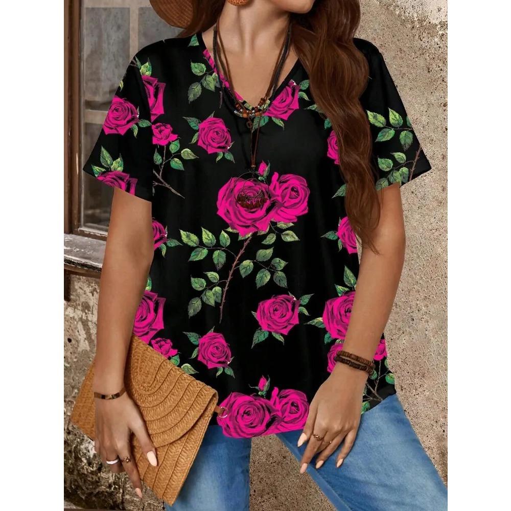 Summer V-neck Flower Pattern 3D Printed Top Fashionable Casual Short Sleeved Plus Size Women's T-shirts