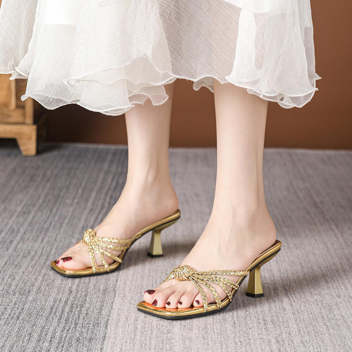

Fashion leather weaved cross band slippers women gold silver high heels summer shoes sexy party slides woman knitted sandalias mujer 34 золотой