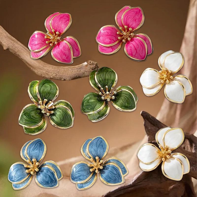 Spring and Summer Colorful Oil Dripping Flower Earrings Simple Design Double Petal Earrings for Women