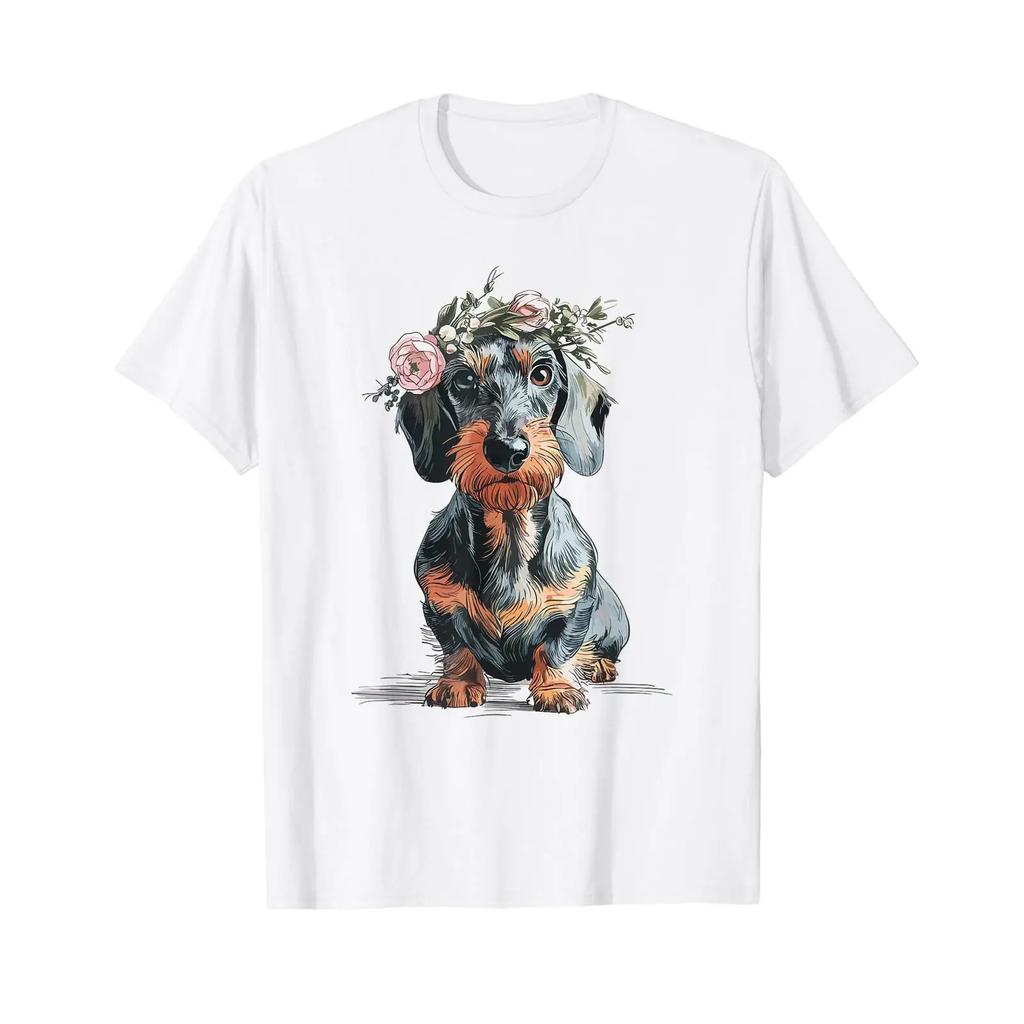 Rauhaardackel Dachshund Flowers Teckel Dog Hunting Funny T Shirt Vintage Stretched Comfortable Top For Everyday Wear