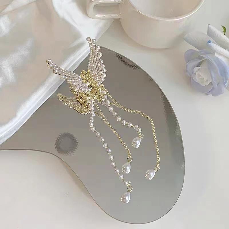 Super Fairy Butterfly Tassel Grab with Diamond Pearl Angel Wings Back Head Hair Grab Female Summer Half Tie Hair Artifact