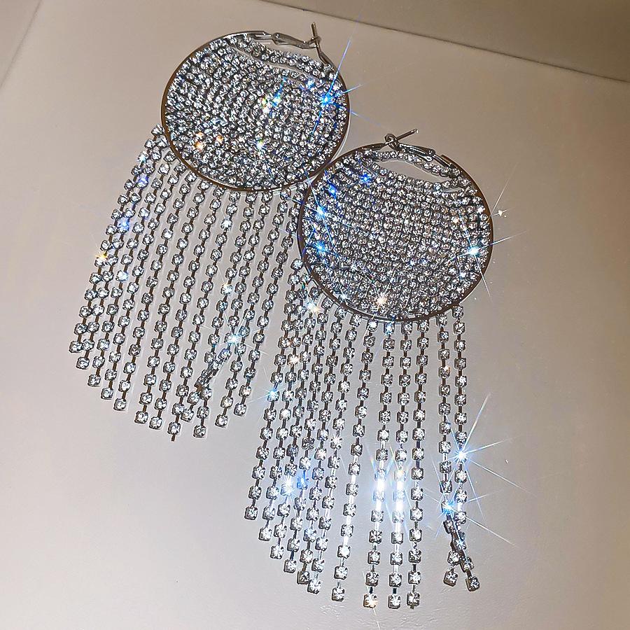 European and American Silver Needle Diamond-encrusted Round Fringed Stud Earrings French Light Luxury Earrings Niche Design Earrings