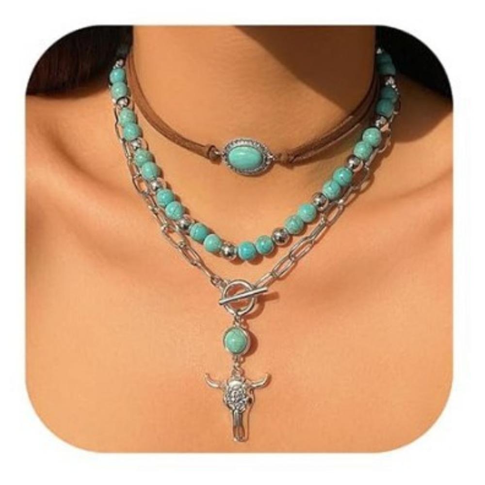 Evropský a americký retro imitace tyrkysu hlava krávy klíční kost exotický etnický styl kaktus kovbojský klobouk vrstvený s korálkovým náhrdelníkem