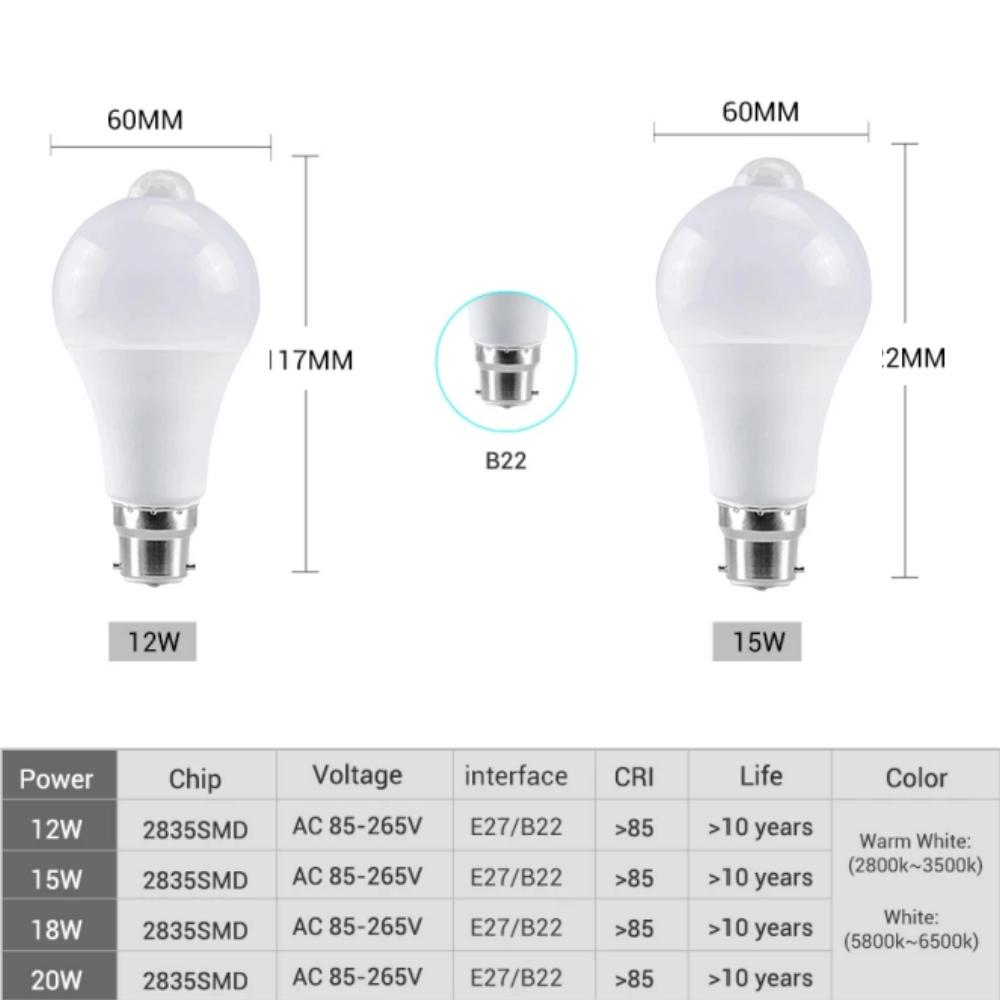 B22 LED Bulb Light 12W 15W 18W 20W PIR Sensor Motion Bulb Lamp Energy Saving For Living Room Bedroom Kitchen