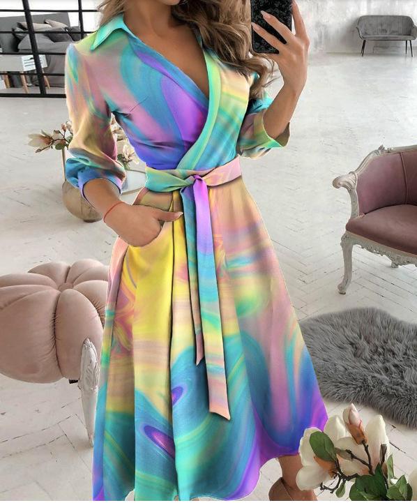 Women's Spring/Summer Fashion V-Neck Long-Sleeve Printed Hip Dress