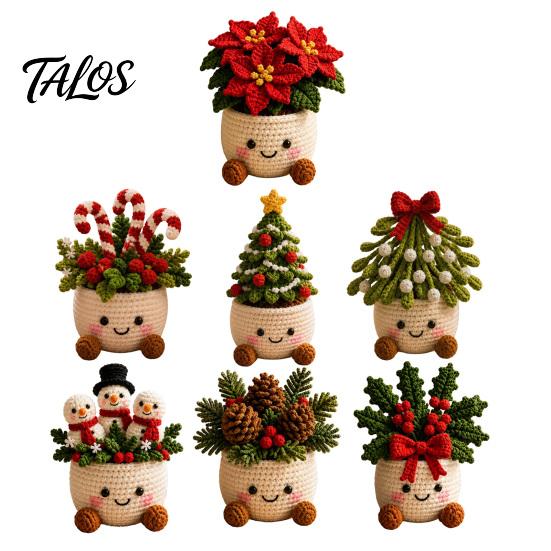 Miniature Potted Plants for Windowsills Simulated Crochet Christmas Decor, Knitted Mini Artificial Tree Flower Decorative Yarn Craft Home Ornament,