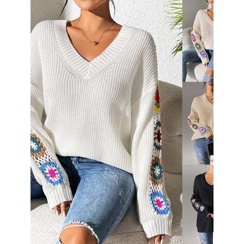 Long-Sleeve V-neck Top Mixed Color Hand Hook Flower Patchwork V-neck Pullover Loose Casual Sweater Top