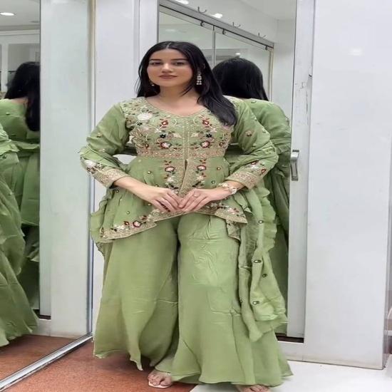 Vibrant Flora Embroidered Peplum & Sharara Suit Set