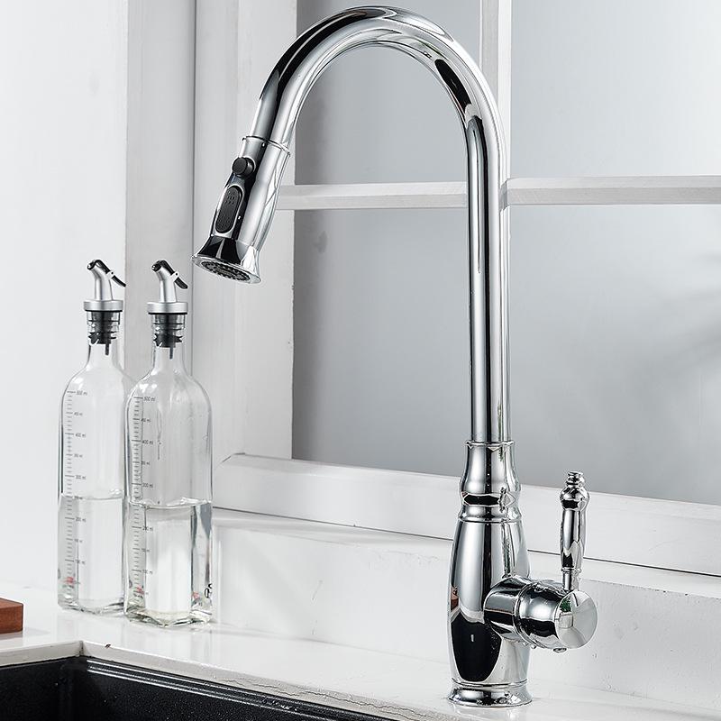Elegant European-Style Brass Kitchen Faucet with Pull-Out Sprayer for Hot and Cold Water
