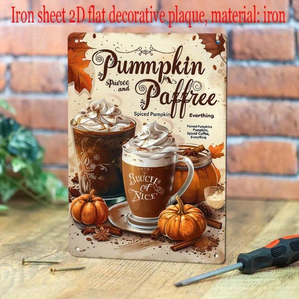 Vintage Autumn Metal Wall Art, Pumpkin Spice Latte Tin Sign, Rustic Cafe Decor, Halloween Thanksgiving Fall