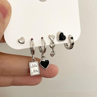 6Pcs/Set Silver Color Metal Tassel Chain Love Heart Earring Irregular Geometric Hoop Earrings for Women Gifts Jewelry