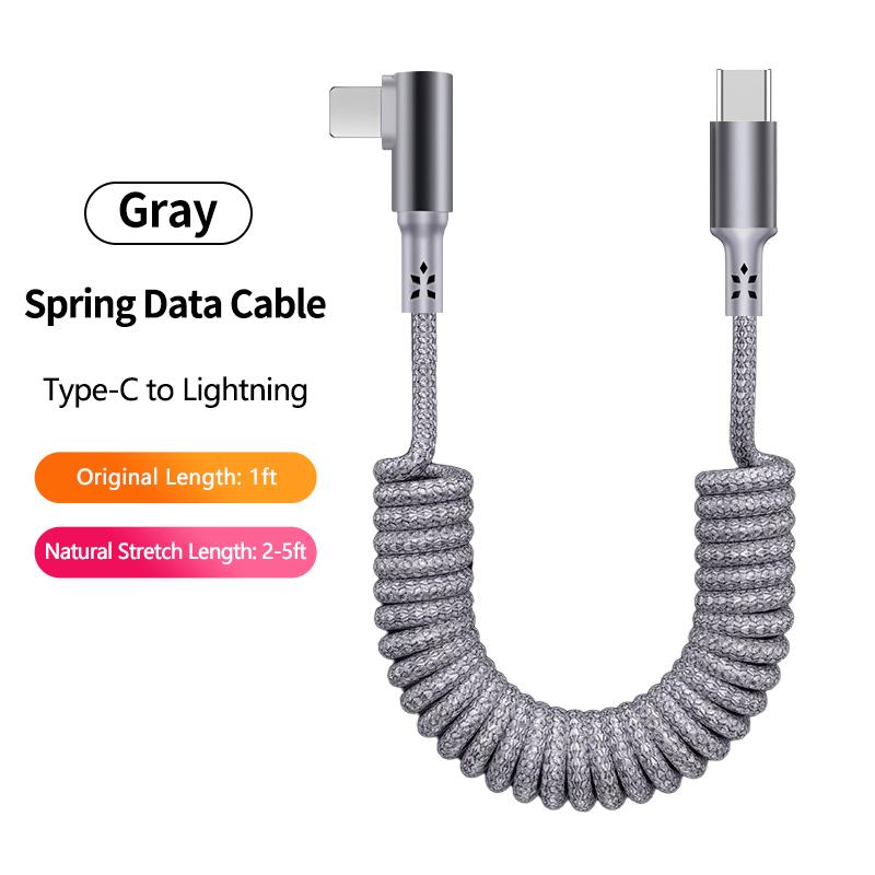 90 Degree Coiled USB-C Cable Stretchable Braided Fast Charging with Carplay for for iPhone 17 and Car Use