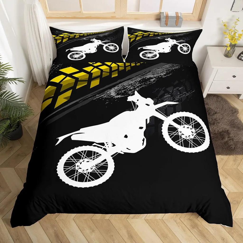 3pcs Cool Motorbike Bedding Set Dirt Bike Duvet Cover Twin Motocross Rider Comforter Cover Extreme Sports For Boys Adults