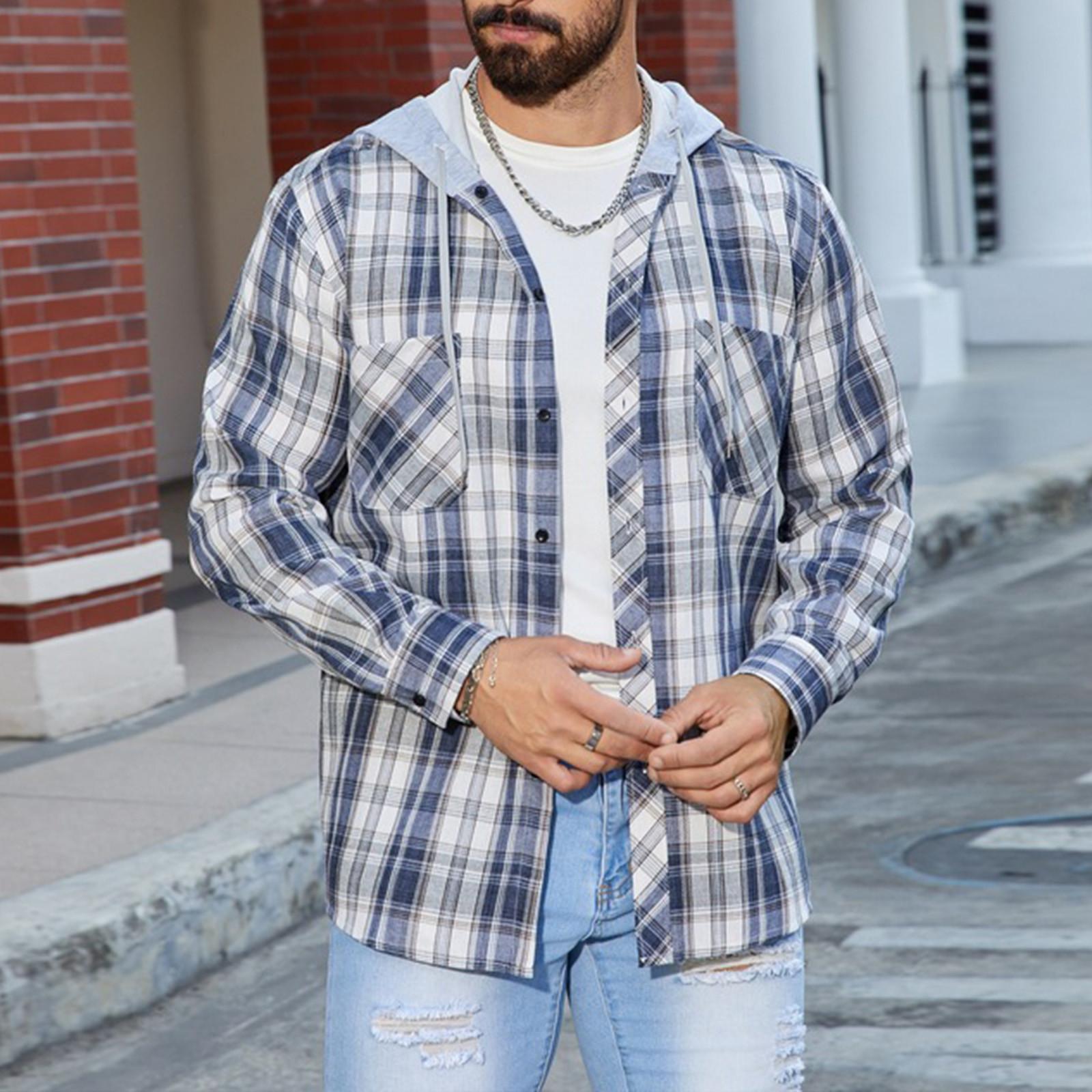 Men s Plaid Long Sleeve Shirt Men s Pocket Button Hooded Sweatshirt L 2196₽