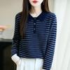 Women's Striped Color Block Polo Neck Knit Sweater - Long Sleeve, Autumn/Winter Top