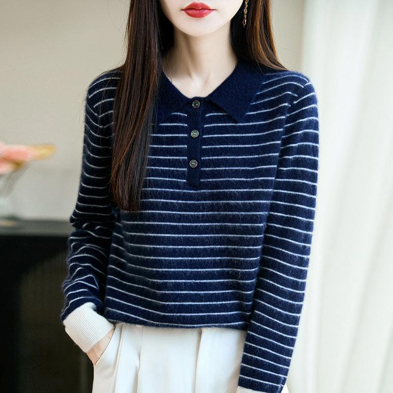 Women's Striped Color Block Polo Neck Knit Sweater - Long Sleeve, Autumn/Winter Top