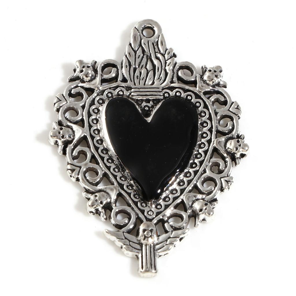 2-5 Stück Black Series Herz-Anhänger Für Schmuckherstellung Religiös Mexiko Voto Herz Emaille-Anhänger Halskette Armband DIY Zubehör