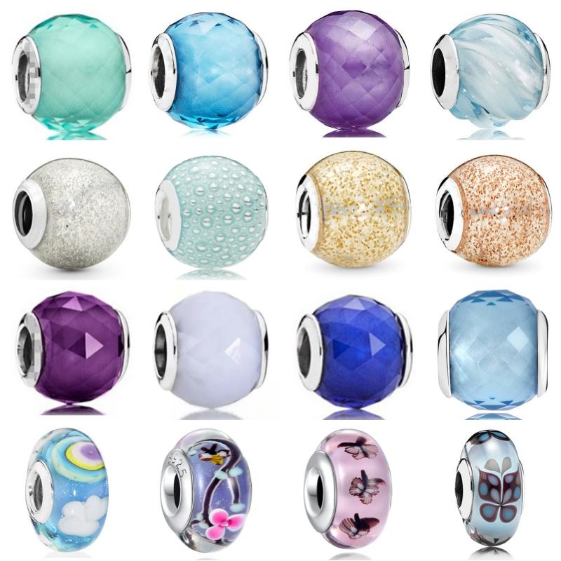 2024 New 925 Sterling Silver Plated Luminous Glass Charm Bule Merano Rainbow Bead Fit Original Diy Bracelet Jewelry Clip