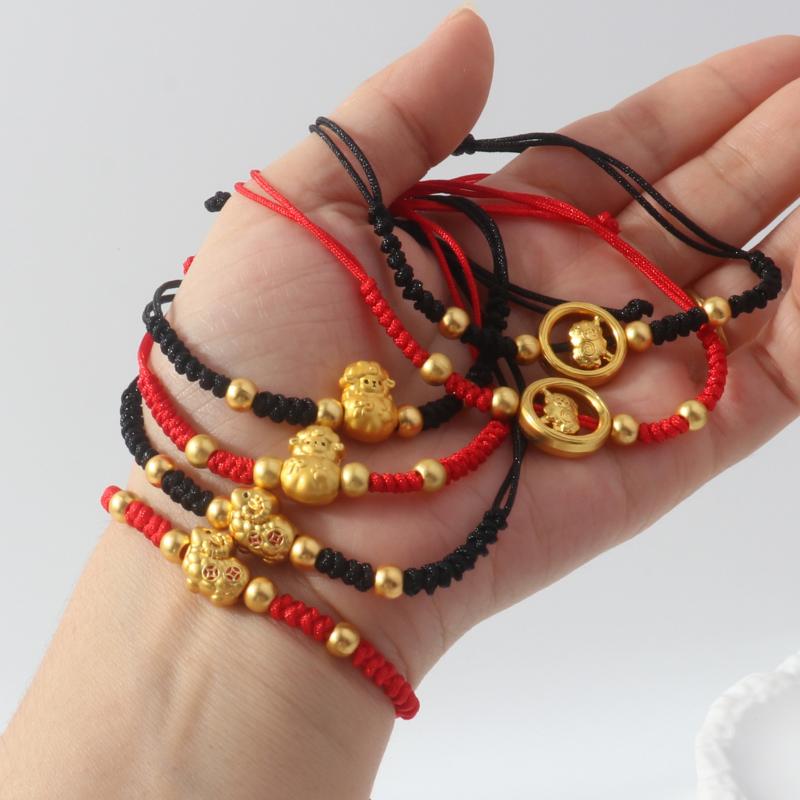 Adjustable Zodiac Goat Braided Bracelet Gold Plated Charm  Braided Rope Bracelet  Chinese Style Beads Womens