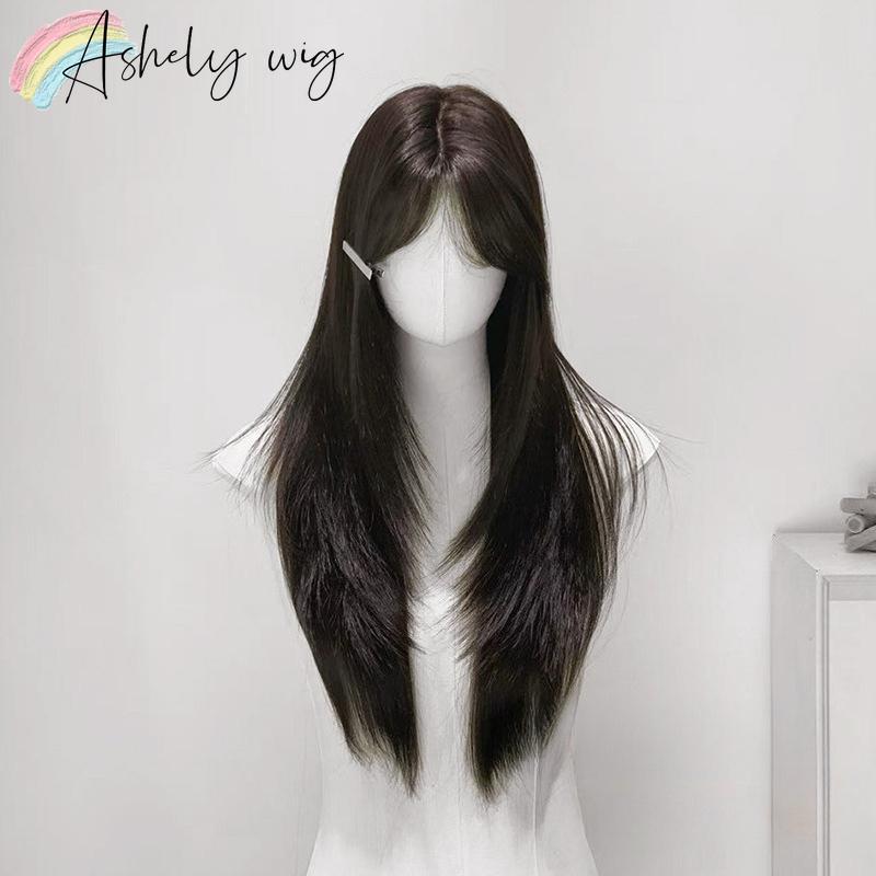 Ashely Black Brown Wig for Women Layer Straight Hair Wig with Curtain Bangs Synthetic Wigs High Temperature Fibers for daily use