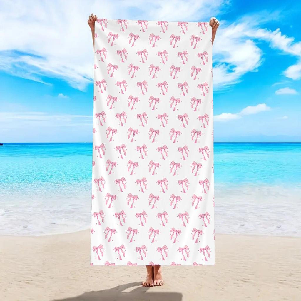 Pink Striped Bow Print Beach Towel Cute Girly Bow Pattern Quick Dry Sand Free Absorbent Lightweight Towel for Beach Pool Travel