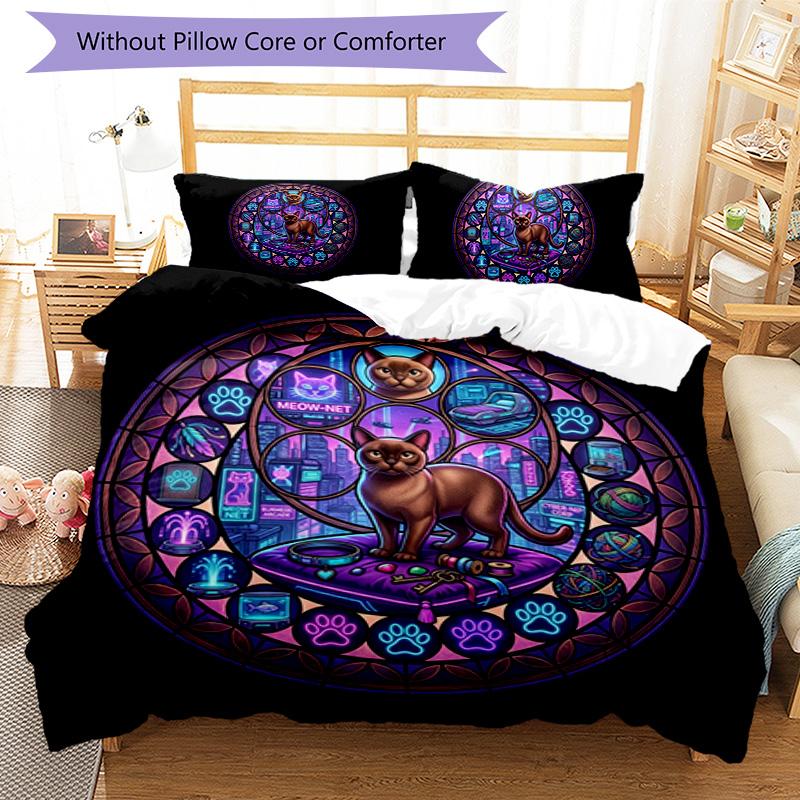 Cyberpunk Cat Oasis Pattern Bedding,Quilt Set Quilt Cover Pillowcase Home Birthday Gift (1 * Duvet Cover + 2 * Pillowcase, Without Core)