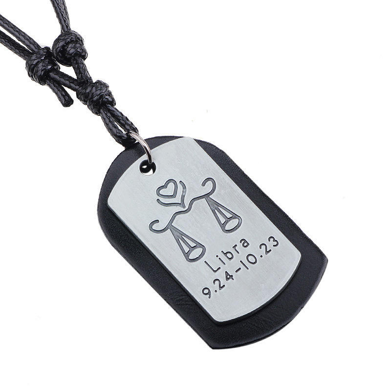 JMXD-European and American Twelve Constellation Necklace Retro Brushed Metal Pendant Genuine Leather Wax Rope Woven Constellation Series Necklace