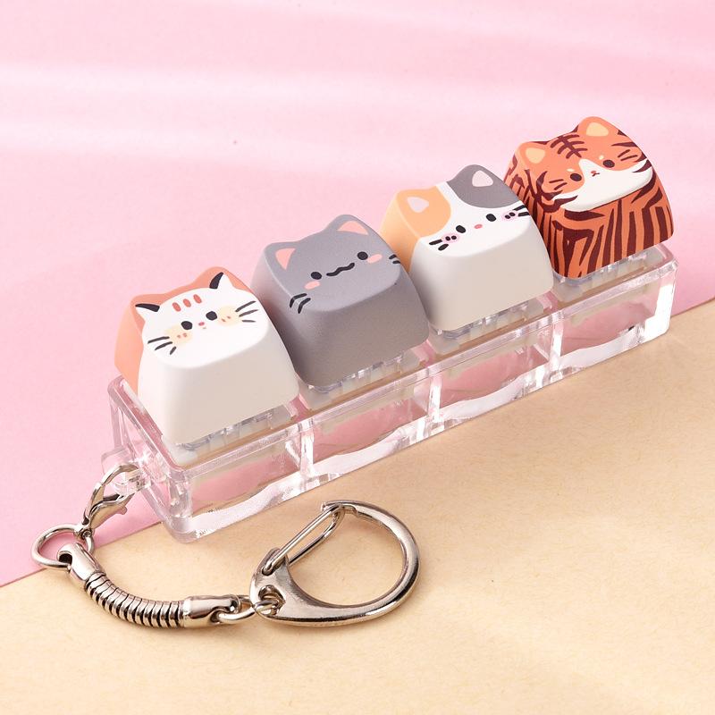 1Pcs Cute Cat Keyboard Fidget 4 Keys Creative Design Keycap Keyring Finger Button Kawaii Mechanical Keyboard Keychain
