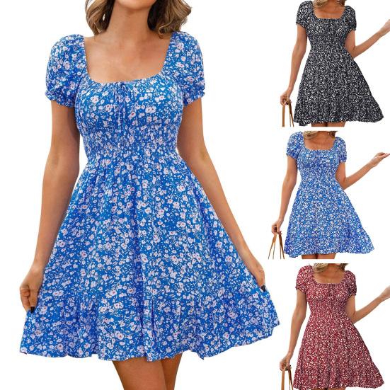 Women's Short Sleeve Summer Dress Square Neck Boho Floral Smocked Swing Dress A-Line Flowy Ruffle Beach Sundress