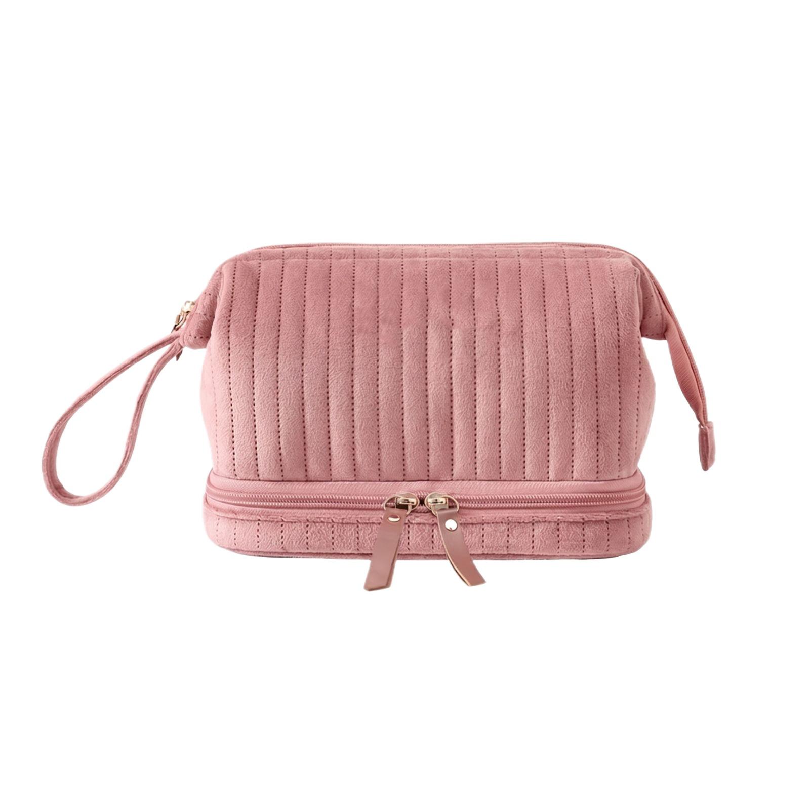 

Portable Travel Cosmetic Bag Double Layer Makeup Organizer Toiletry Storage Pouch with Handle for Bathroom Vanity and Travel one size рожевий