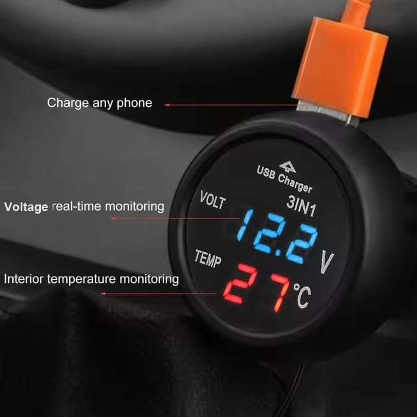3 In 1 DC 12V/24V LED Digital Meter Display USB Car Charger Voltmeter Thermometer Car Battery Monitor LED Digital Dual Display
