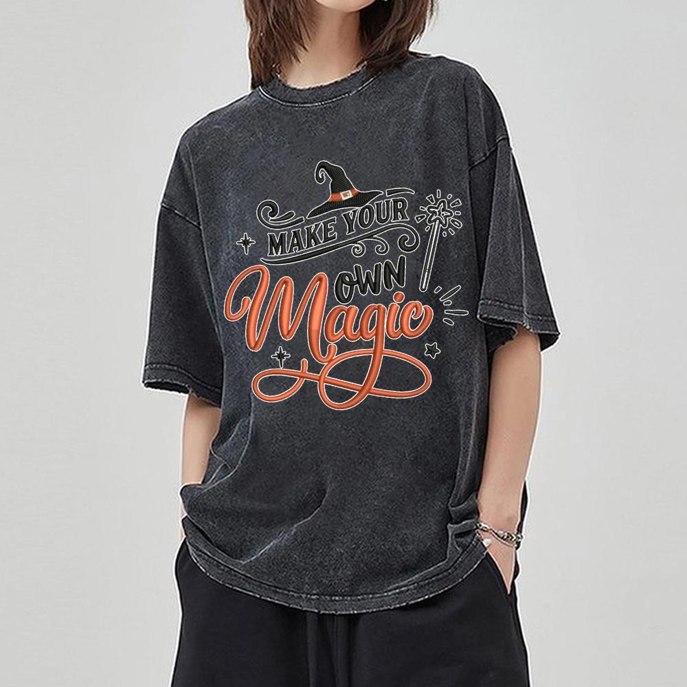 Magic Hand-Painted Letter Print Women's T-Shirt Washed Denim Oversized Loose Short Sleeve Unisex Fashion Casual Top