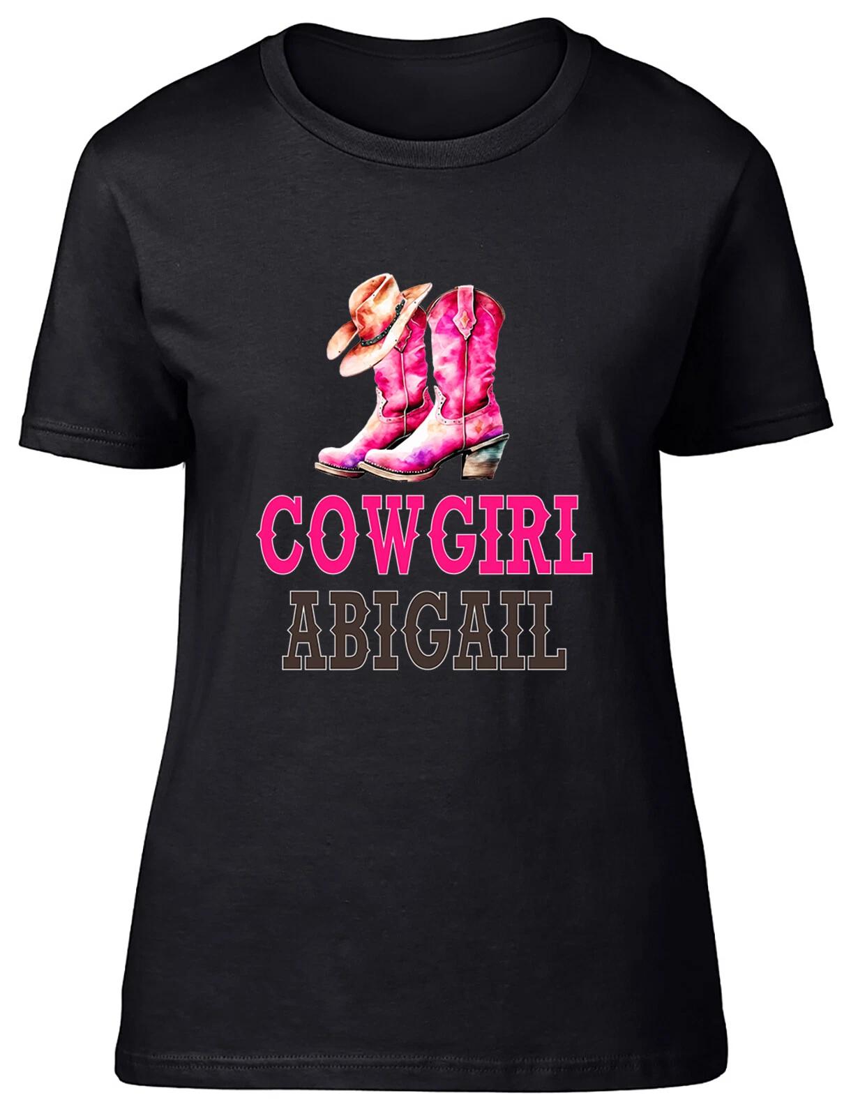 Personalised Cowgirl Pink Boots Hat Womens T-Shirt Western Wild West Ladies Tee L
