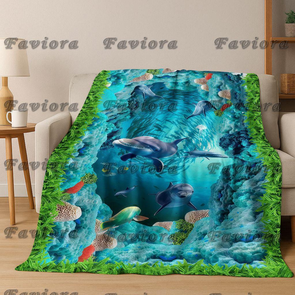 26 Style 3D Illusion Sea Underwater World Dolphin Flannel Blanket,Cozy Soft Throw Blanket for Home Bedroom Bed Sofa Cover Gift