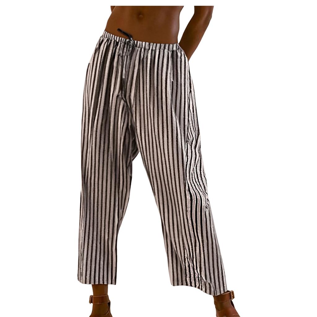 Women's Fashion Striped Straight,Leg Elasticated Waist Cropped Pleated Casual Trousers