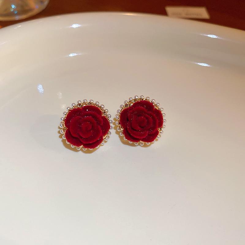 Flocking red bow earrings autumn and winter new niche versatile earrings fashionable elegance temperament earrings women