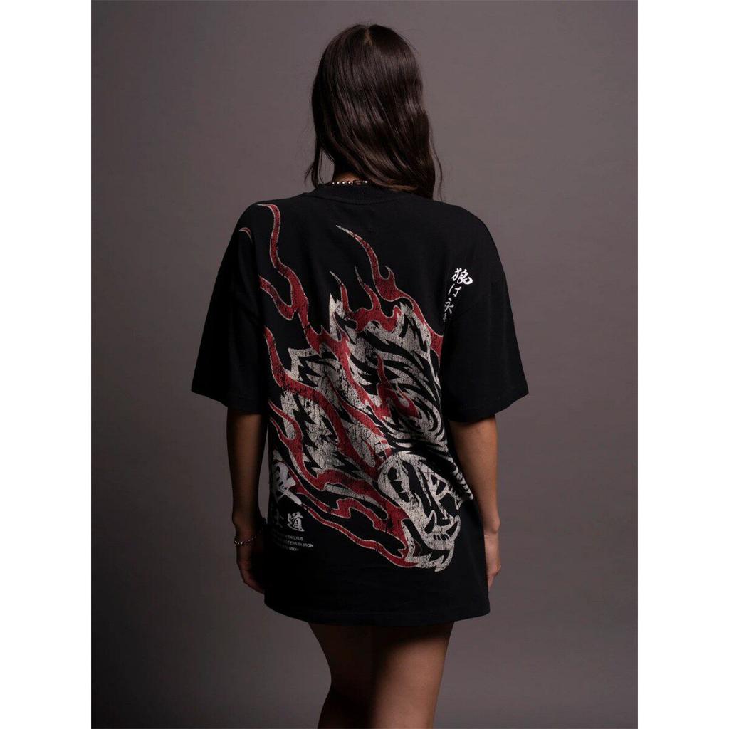 New DARCSPORT Wolf Head Bushido Short Sleeve Men's and Women's Oversized Yk2 American Sports and Leisure Loose Printed Cotton T-shirt