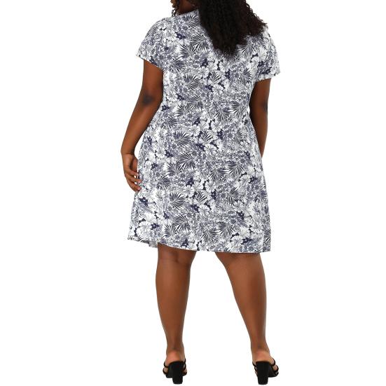 Women Dress Round Neck Short Sleeve Pleated Detail Short Dress Floral Print Flowy Hem Loose Fit Dress Plus Size