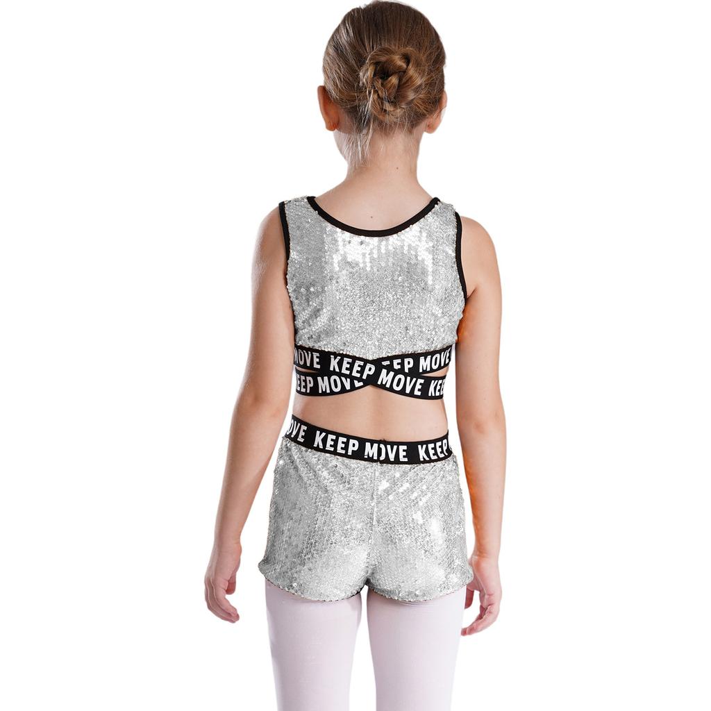 Kids Girls Sparkling Sequins Dance Clothes Set Sleeveless Criss Cross Straps Crop Top with Shorts